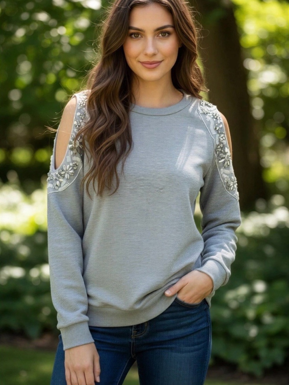 womens Boston Proper cold shoulder Top Shirt Gray size L Large Jewels Unique